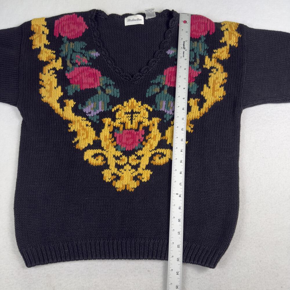 Vintage Statement Sweater Baroque Floral Scroll Intarsia Chunky Knit Black Sz M - Picture 7 of 10
